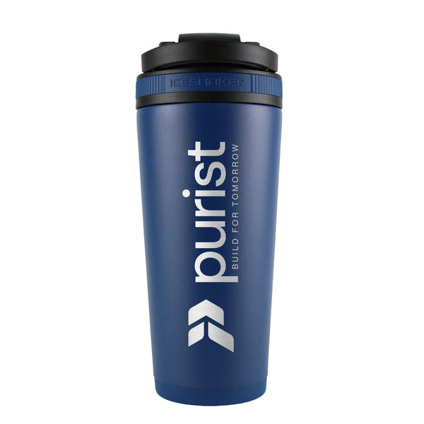 Blue tumbler with 'purist' branding on a white background