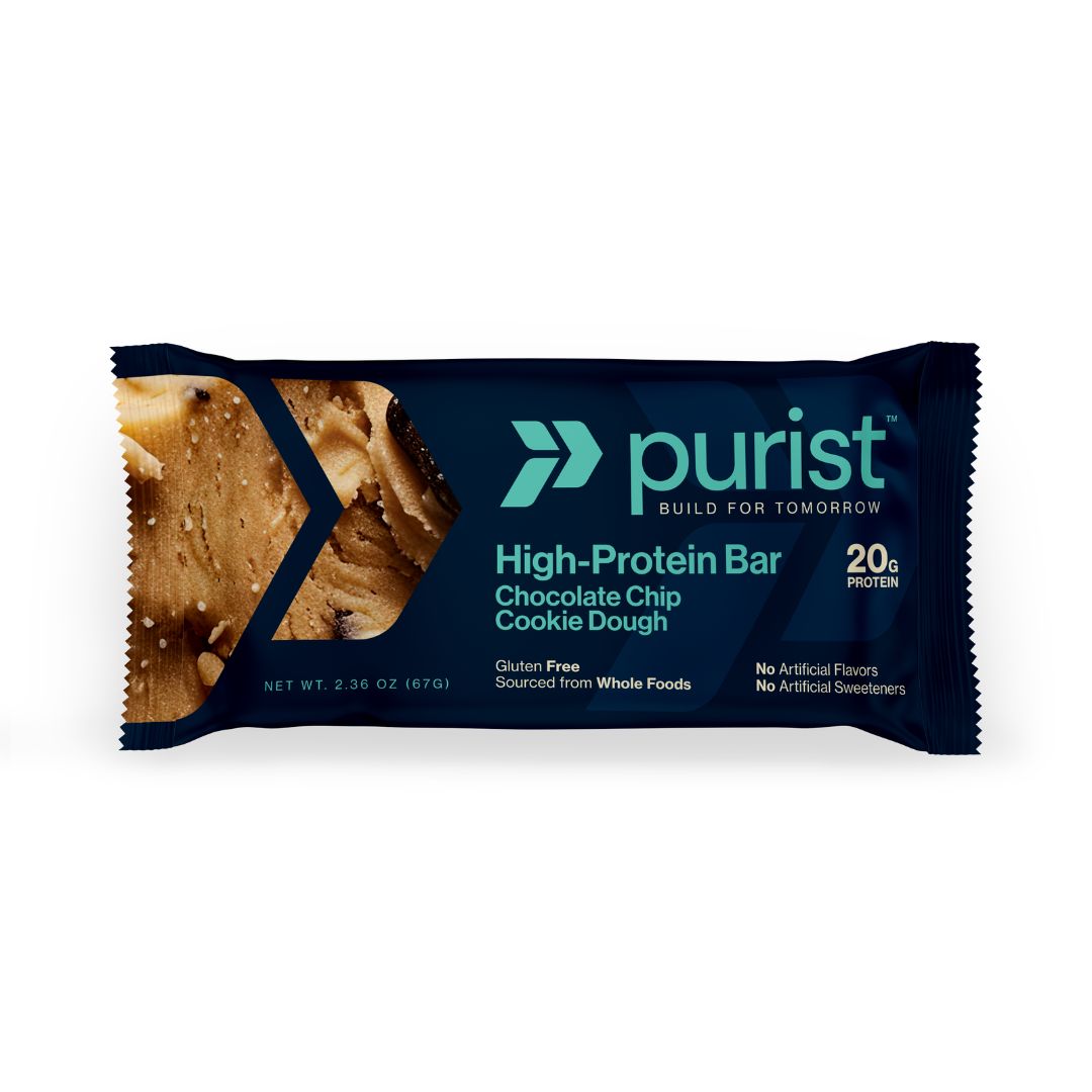 Purist high-protein bar packaging with chocolate chip cookie dough flavor on a white background