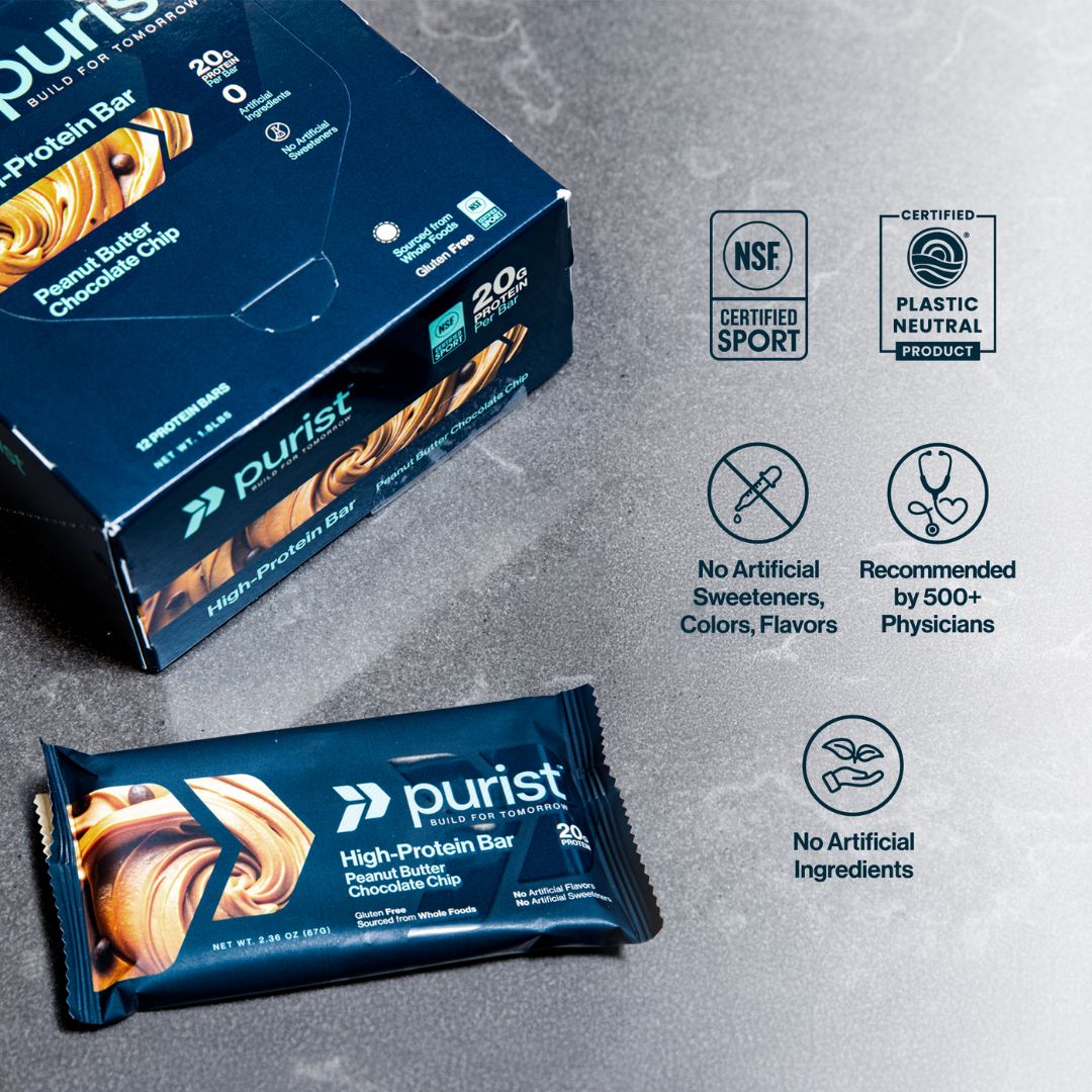 Purist high-protein bar packaging on a gray background with certification logos.