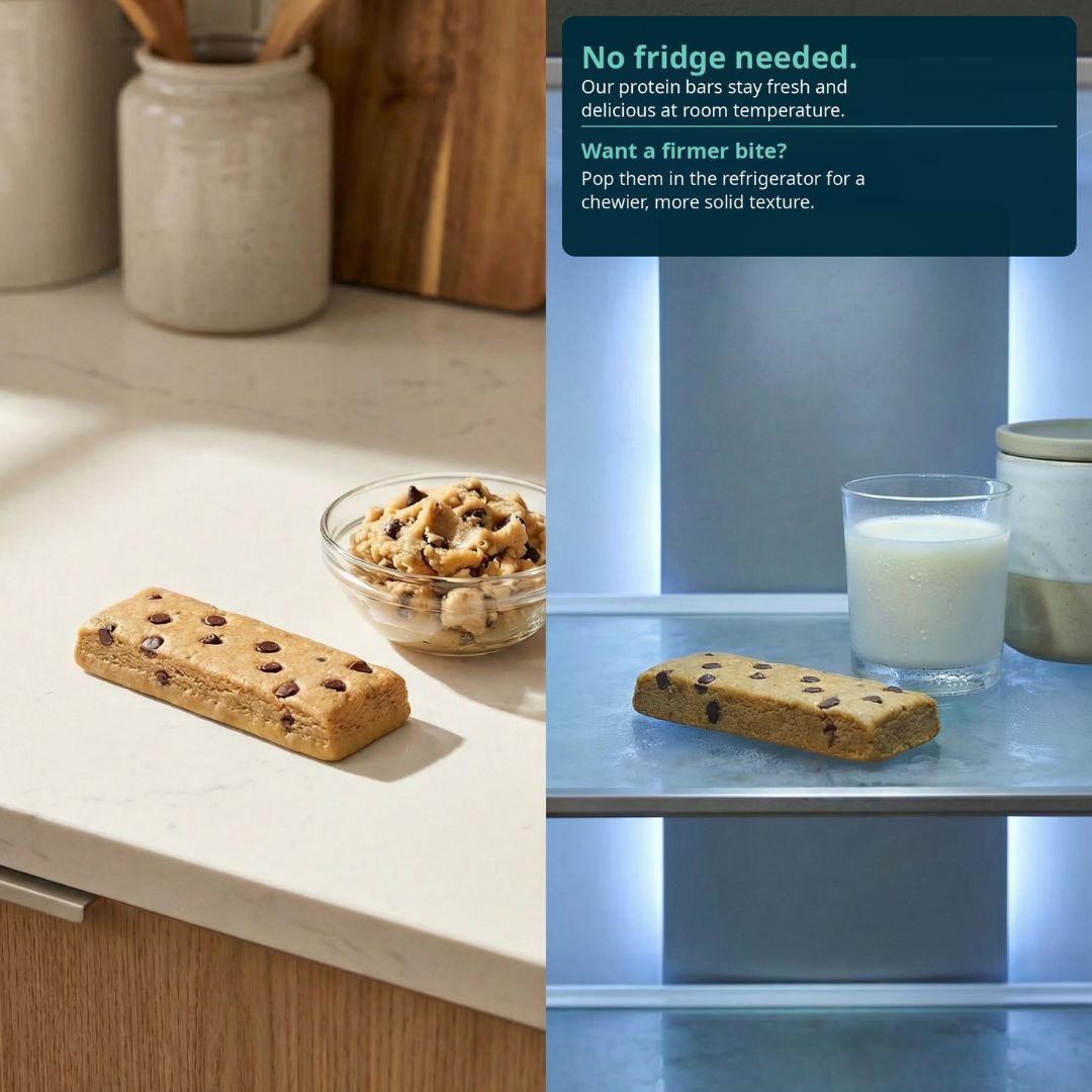 No fridge needed. Our protein bares stay fresh and delicious at room temperature. Want a firmer bit? Pop them in the refrigerator for a chewier, more solid texture.