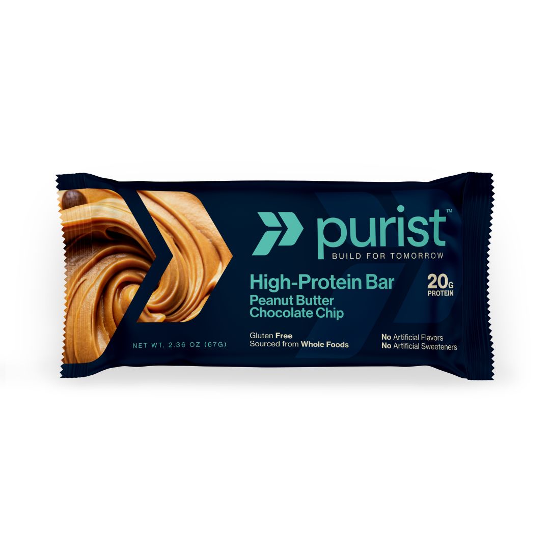Purist high-protein bar packaging with peanut butter and chocolate chip flavor on a white background