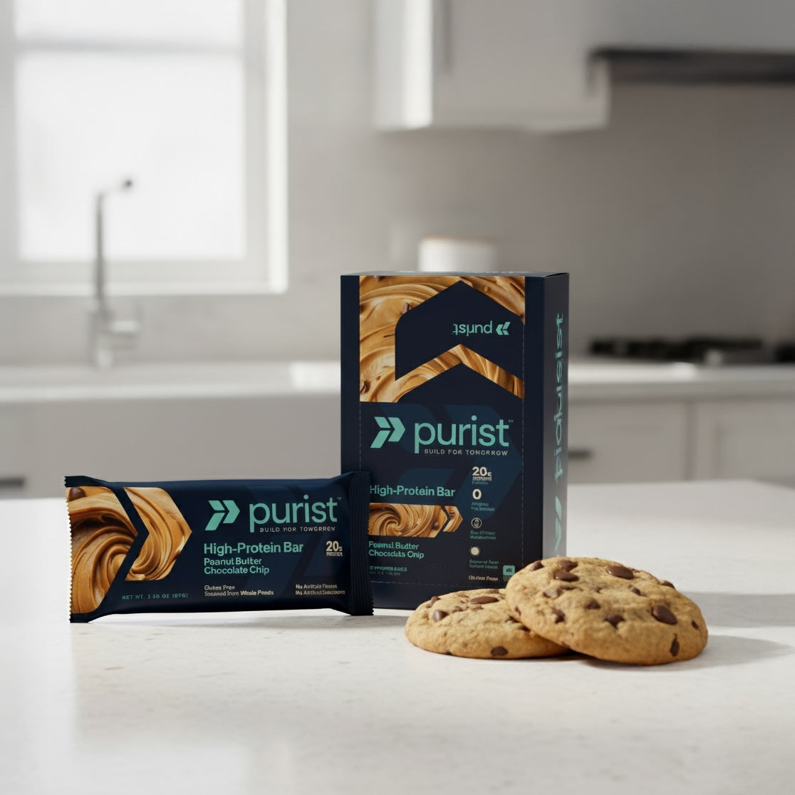 Purist high-protein bars and cookies on a kitchen counter