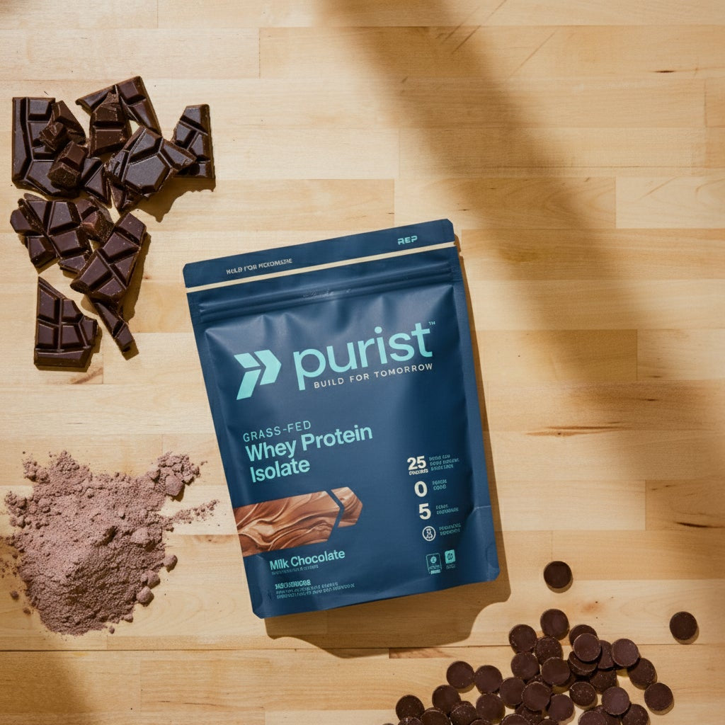 Purist whey protein isolate package on a wooden surface with chocolate pieces.