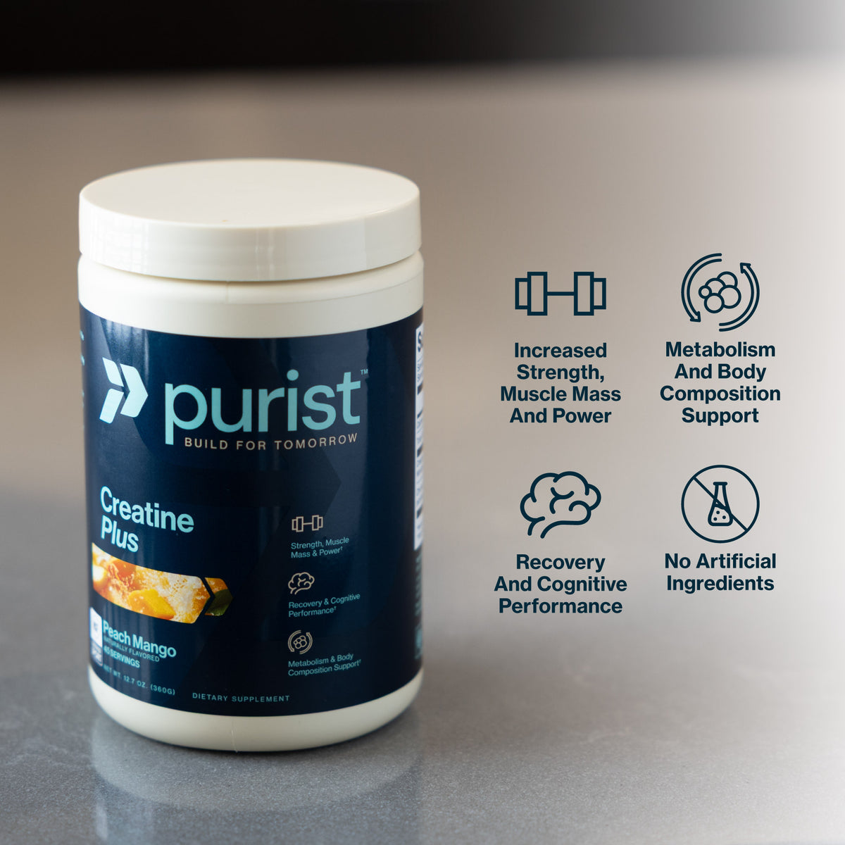 Purist Creatine Plus supplement container on a reflective surface with text about product benefits.