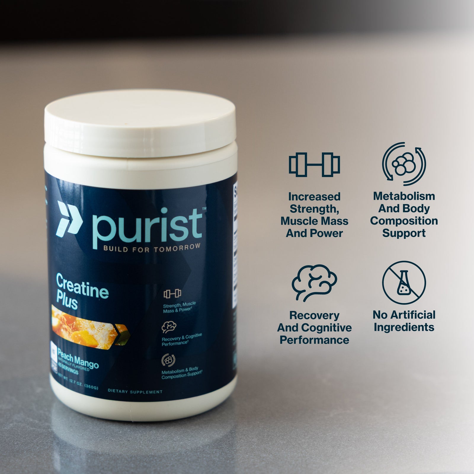 Purist Creatine Plus supplement container on a reflective surface with text about product benefits.