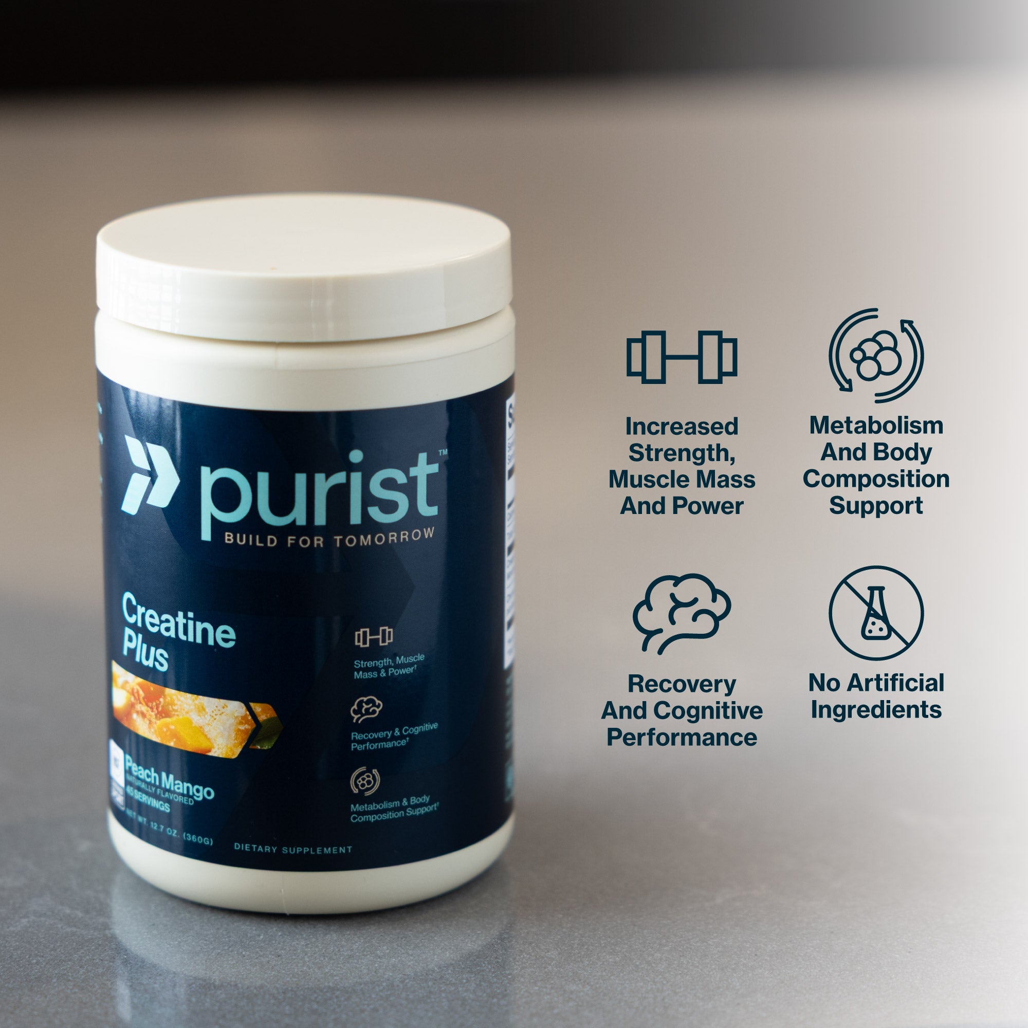 Purist Creatine Plus supplement container on a reflective surface with text about product benefits.