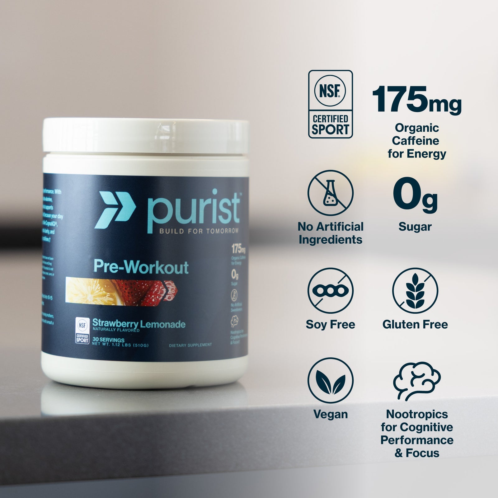 Purist pre-workout supplement container with certification logos on a light background