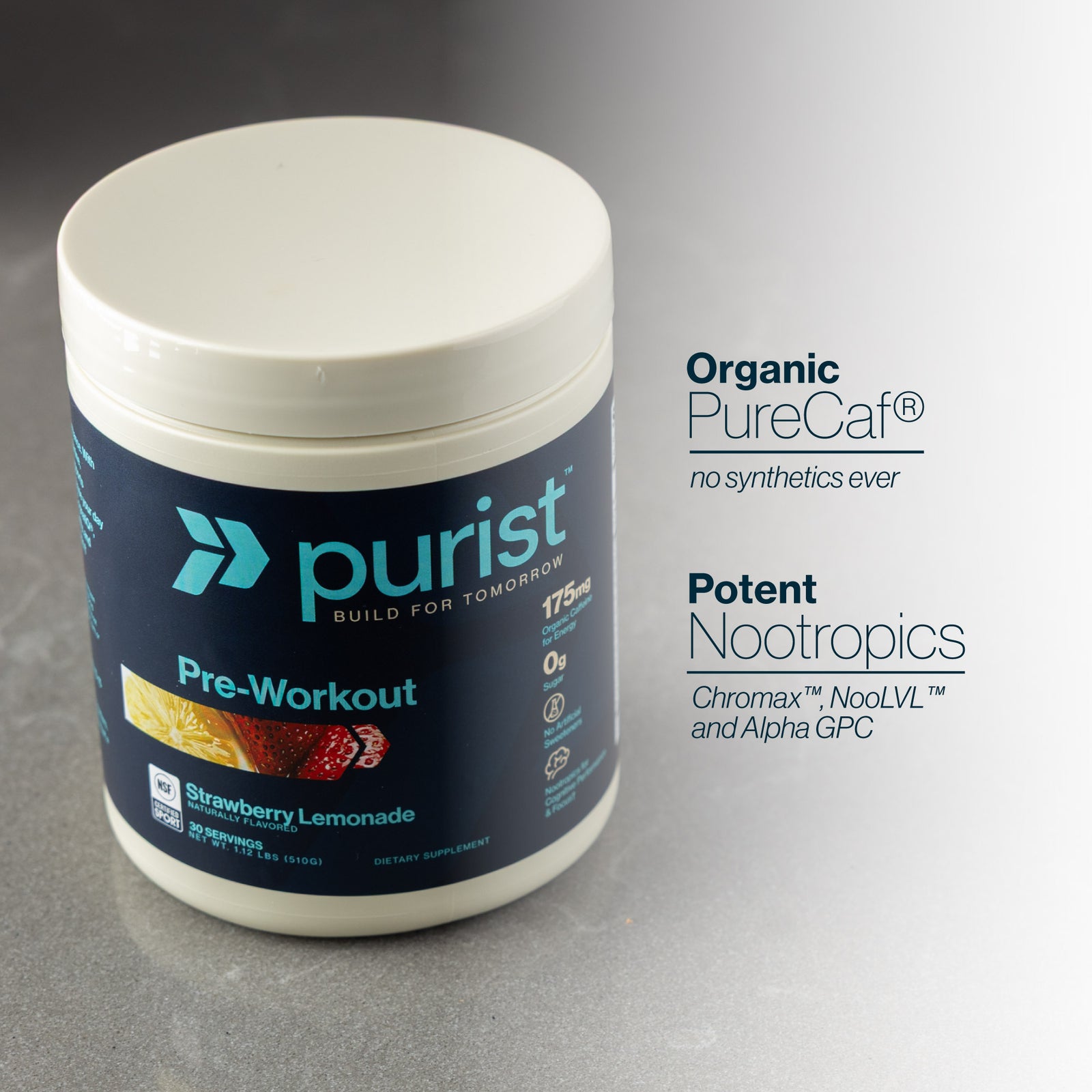 Purist pre-workout supplement container on a gray background with PureCaf organic protein and Nootropics listed.