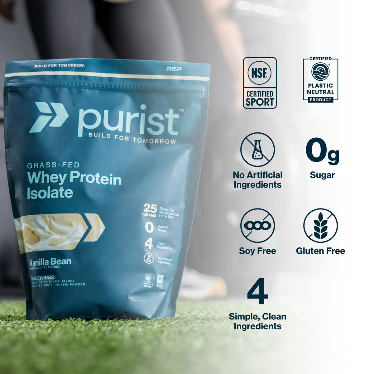 Purist whey protein isolate package with certification logos and product details on a blurred background
