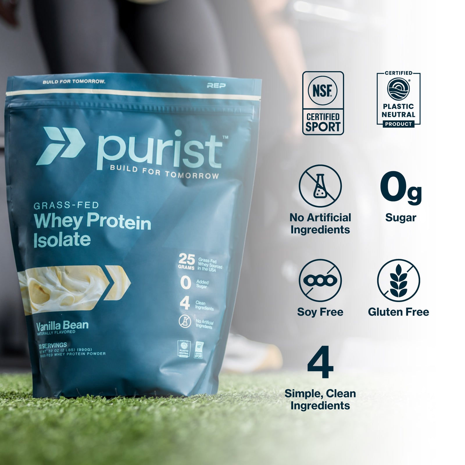 Purist whey protein isolate package with certification logos and product details on a blurred background