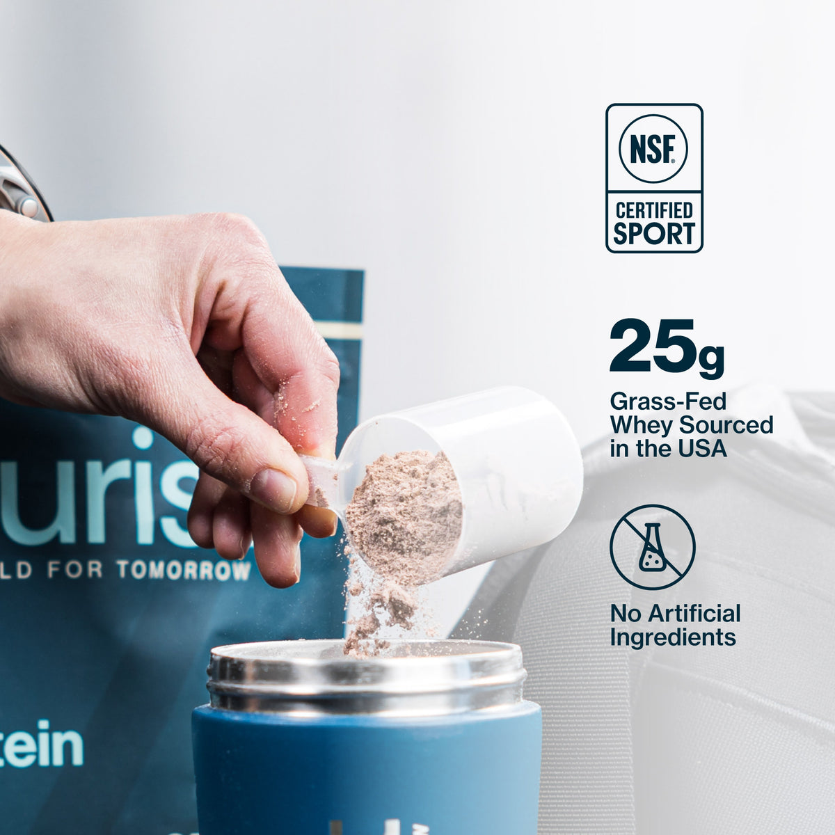 Hand pouring protein powder into a container with NSF certification logo and product details.