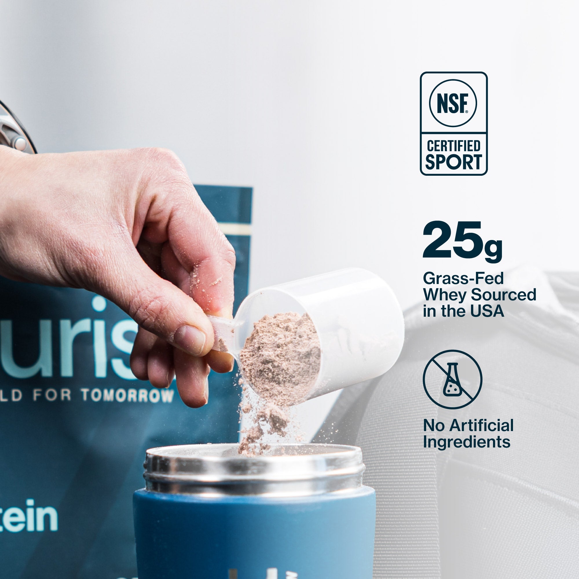 Hand pouring protein powder into a container with NSF certification logo and product details.