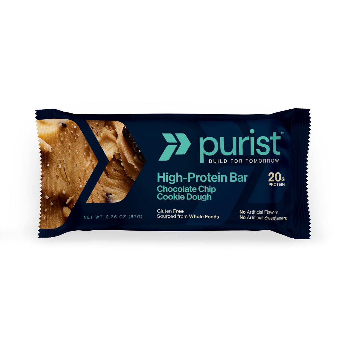 Purist high-protein bar packaging with chocolate chip cookie dough flavor.