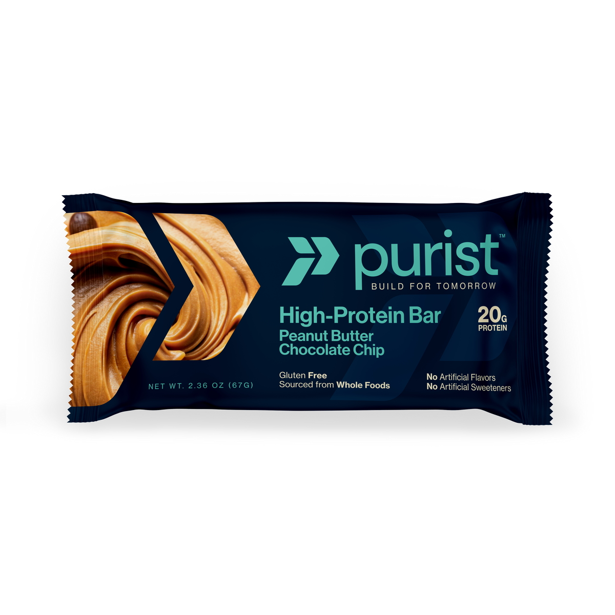 Purist high-protein bar packaging with peanut butter chocolate chip flavor on a white background